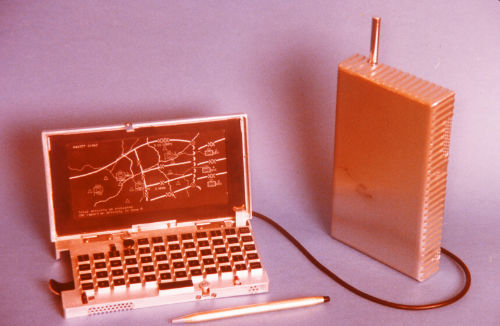 First packet radio. Device with screen and keyboard connected to a radio.