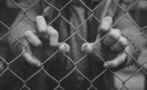 Hands behind metallic chain link fence