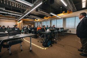 Meeting room with attendees