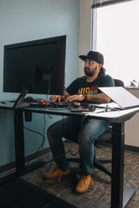 Researcher working on computer