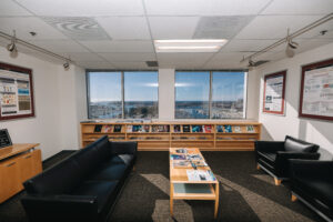 Office interior with modern design and workspaces