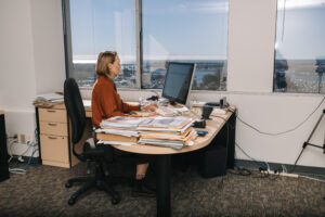 Researcher working on computer